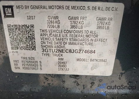 2018 GMC Sierra 1500 Slt from USA, damaged, VIN 3GTU2NEC8JG274684